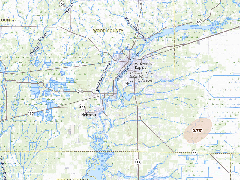 Radar-estimated hail-size map of the storm over Wisconsin Rapids, WI on Jun 16, 2026
