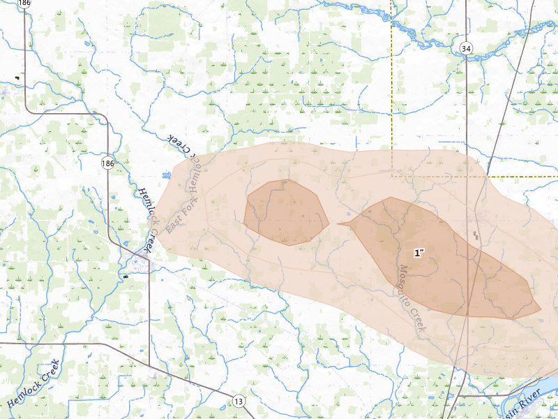Radar-estimated hail-size map of the storm over Wisconsin Rapids, WI on Jun 24, 2026