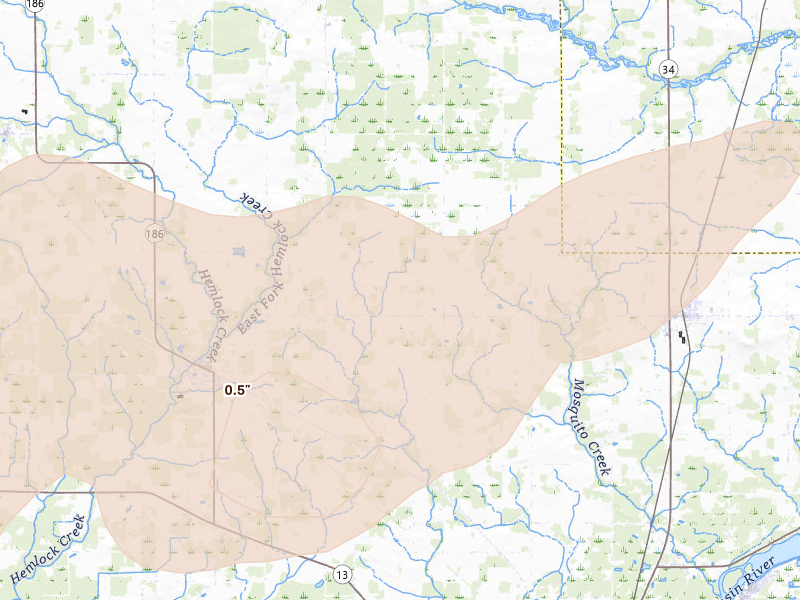 Radar-estimated hail-size map of the storm over Wisconsin Rapids, WI on Jun 30, 2026