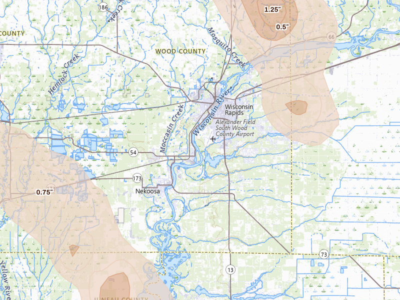 Radar-estimated hail-size map of the storm over Wisconsin Rapids, WI on Aug 11, 2026