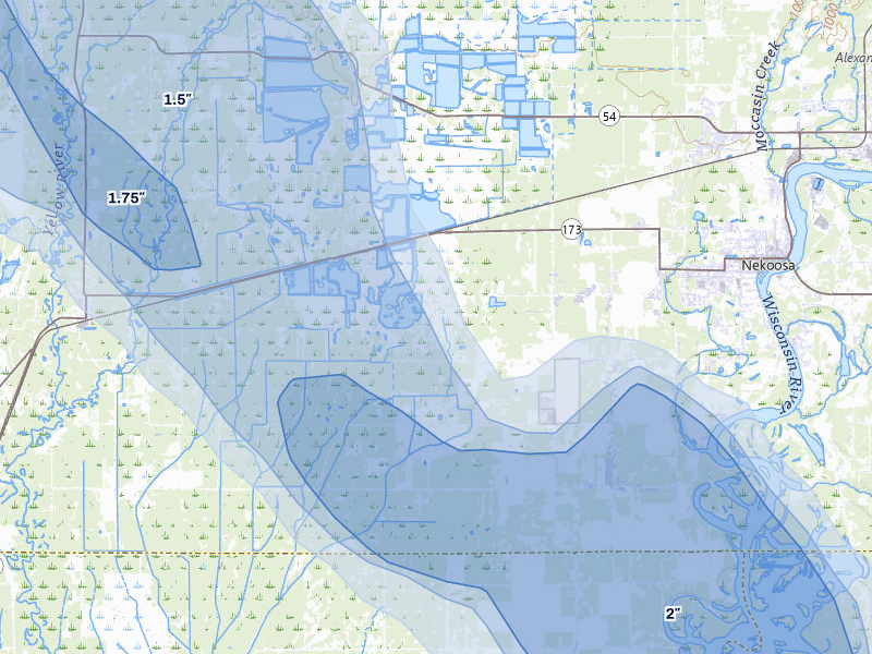 NEXRAD radar-signature map of the hail storm over Wisconsin Rapids, WI on Aug 11, 2026