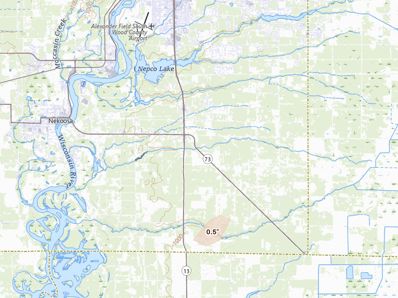 Radar-estimated hail-size map of the storm over Wisconsin Rapids, WI on Aug 20, 2026
