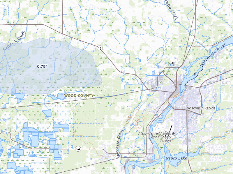 NEXRAD radar-signature map of the hail storm over Wisconsin Rapids, WI on Aug 20, 2026