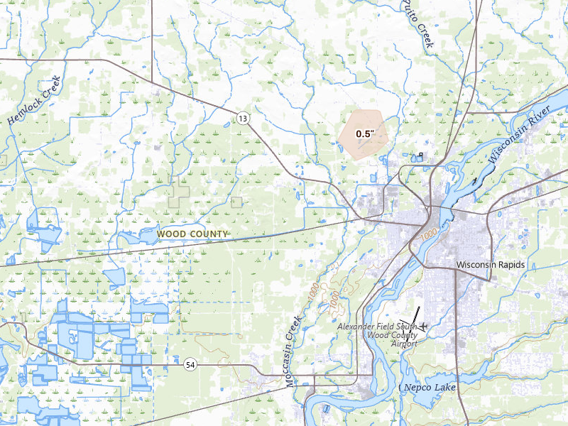 Radar-estimated hail-size map of the storm over Wisconsin Rapids, WI on Sep 1, 2026