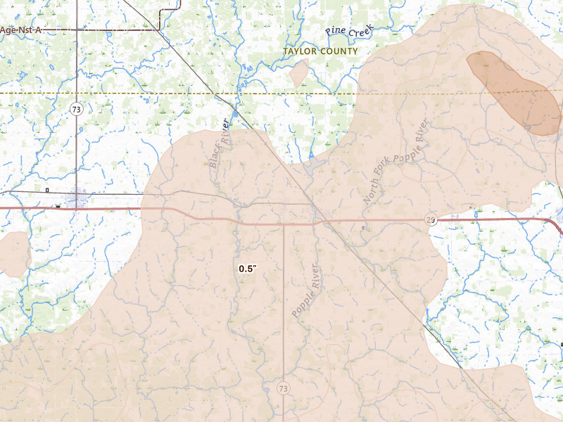 Radar-estimated hail-size map of the storm over Withee, WI on Jun 9, 2026