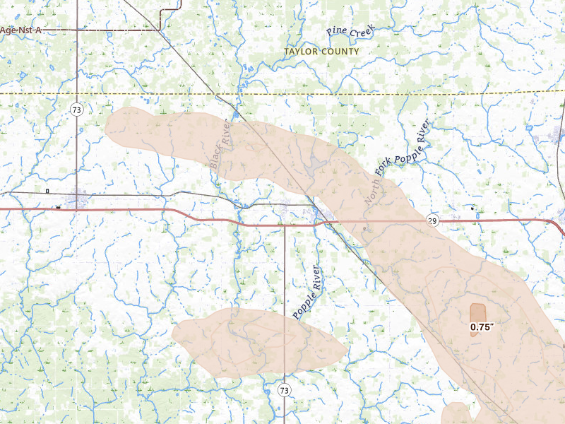 Radar-estimated hail-size map of the storm over Withee, WI on Jun 24, 2026