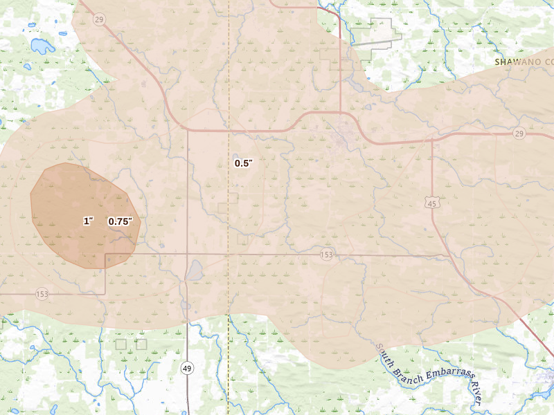 Radar-estimated hail-size map of the storm over Wittenberg, WI on Jun 30, 2026