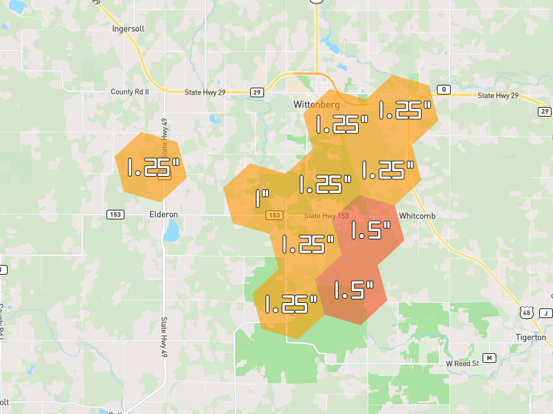 Hail map of Wittenberg, WI on Jun 30, 2026, hail up to 1.5"