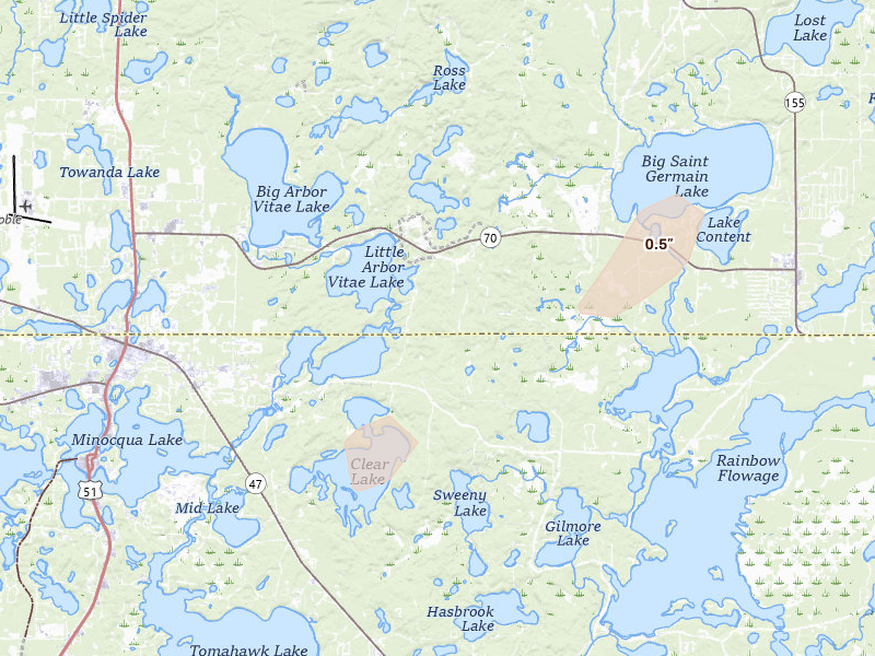 Radar-estimated hail-size map of the storm over Woodruff, WI on Apr 17, 2026