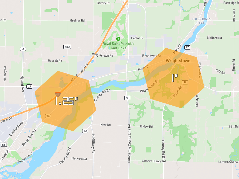 Hail map of Wrightstown, WI on Jul 1, 2026, hail up to 1.25"
