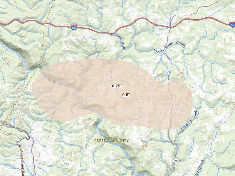 Radar-estimated hail-size map of the storm over Albright, WV on Apr 1, 2026