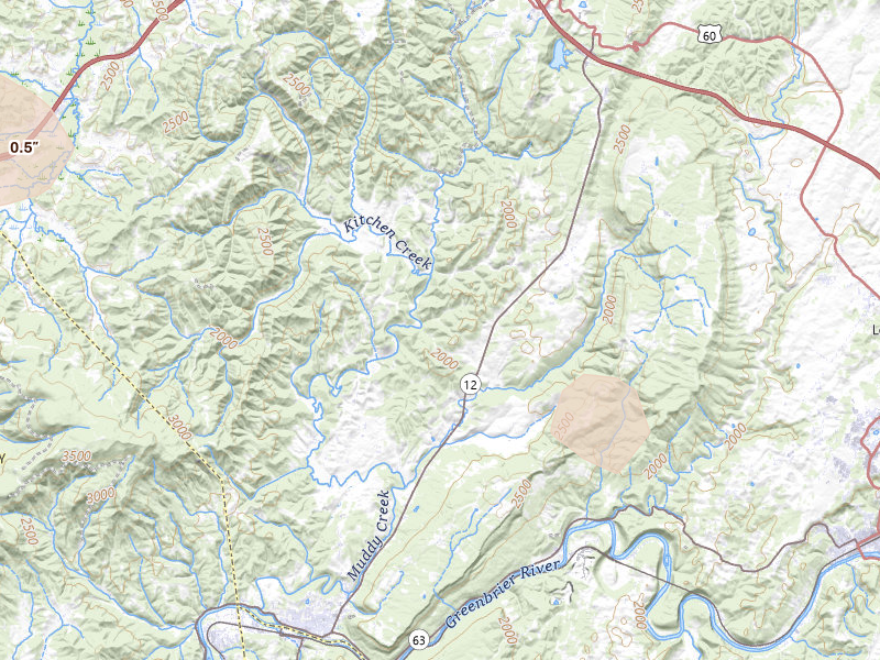Radar-estimated hail-size map of the storm over Alderson, WV on Jun 12, 2026