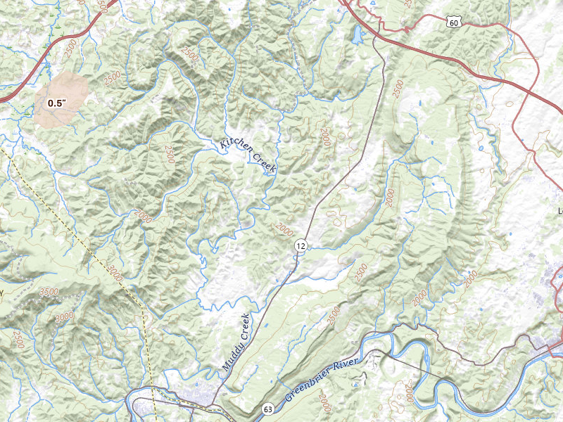 Radar-estimated hail-size map of the storm over Alderson, WV on Jul 4, 2026