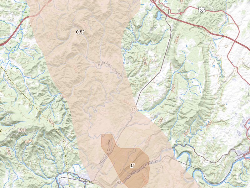 Radar-estimated hail-size map of the storm over Alderson, WV on Jul 28, 2026