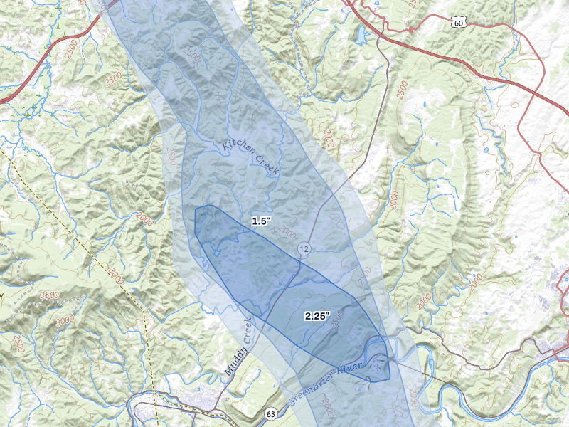 NEXRAD radar-signature map of the hail storm over Alderson, WV on Jul 28, 2026