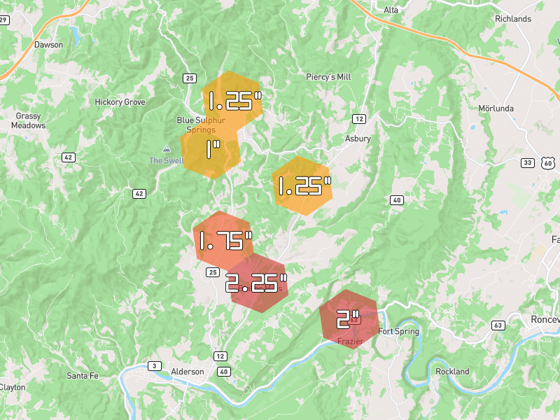 Hail map of Alderson, WV on Jul 28, 2026, hail up to 2.25"