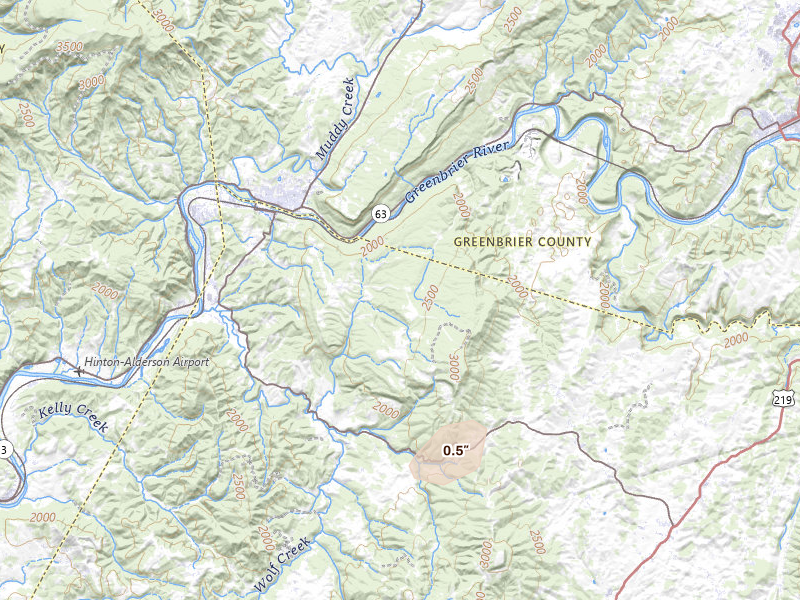 Radar-estimated hail-size map of the storm over Alderson, WV on Aug 6, 2026