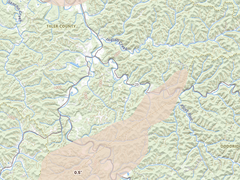 Radar-estimated hail-size map of the storm over Alma, WV on Jul 4, 2026