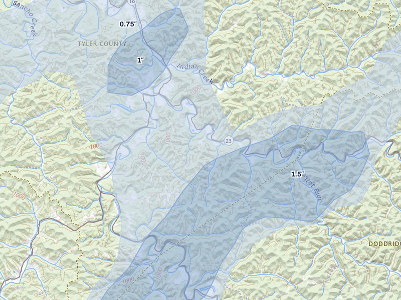 NEXRAD radar-signature map of the hail over Alma, WV