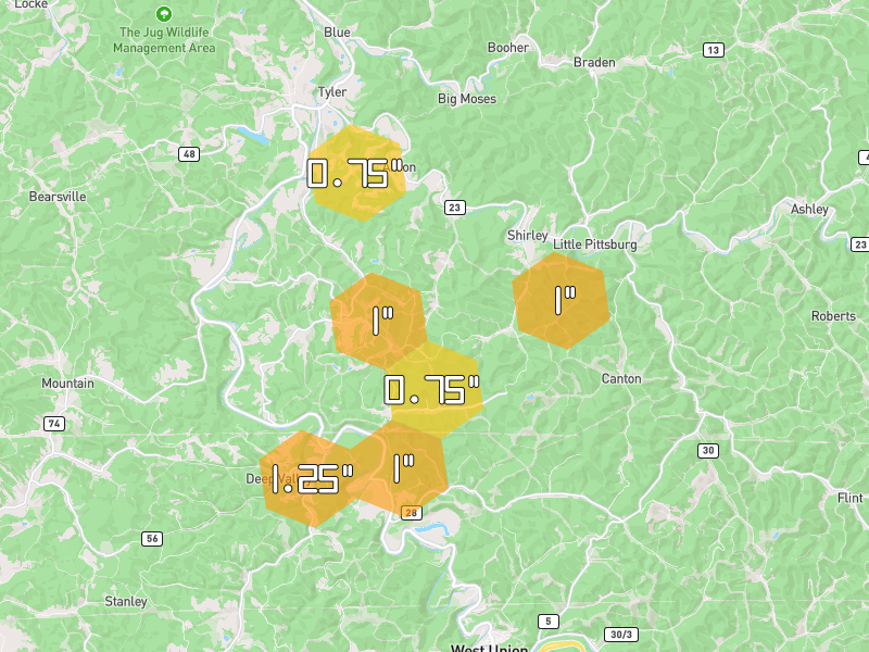 Hail map of Alma, WV on Jul 4, 2026, hail up to 1.25"