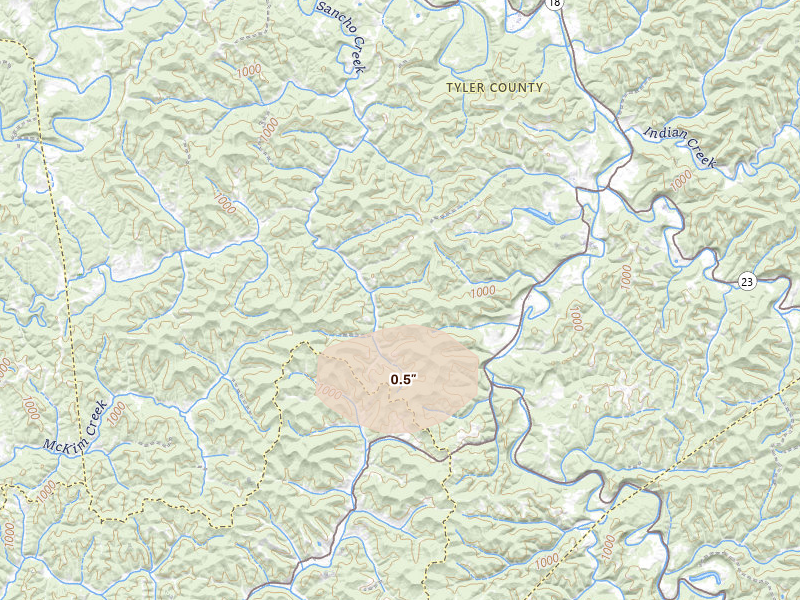 Radar-estimated hail-size map of the storm over Alma, WV on Aug 7, 2026