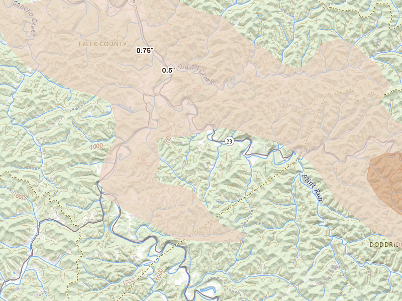 Radar-estimated hail-size map of the storm over Alma, WV on Sep 3, 2026