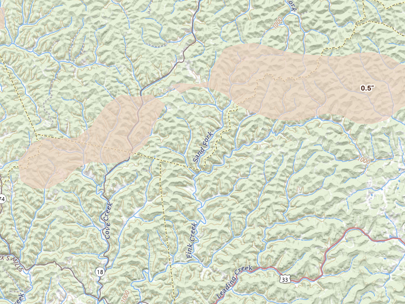 Radar-estimated hail-size map of the storm over Alum Bridge, WV on May 13, 2026