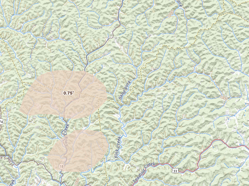 Radar-estimated hail-size map of the storm over Alum Bridge, WV on Jul 4, 2026