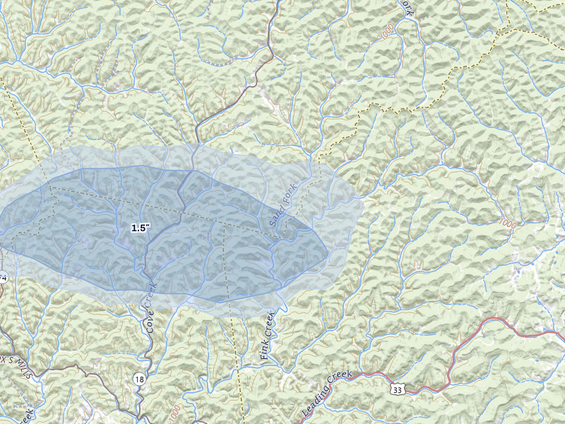 NEXRAD radar-signature map of the hail over Alum Bridge, WV