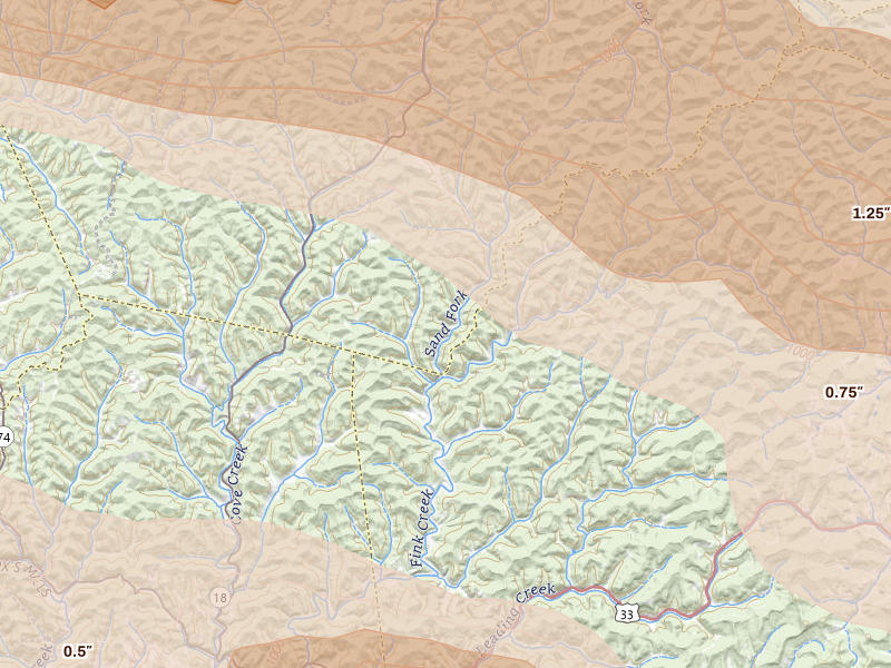 Radar-estimated hail-size map of the storm over Alum Bridge, WV on Jul 21, 2026