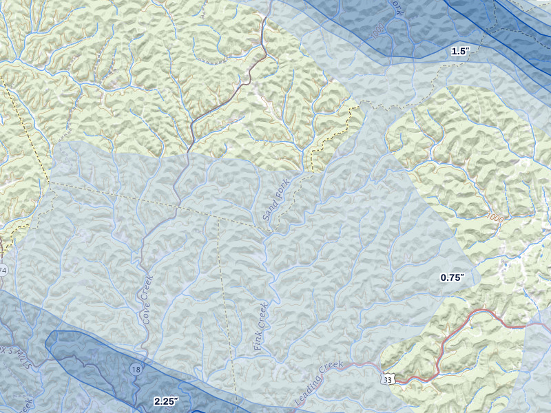NEXRAD radar-signature map of the hail over Alum Bridge, WV