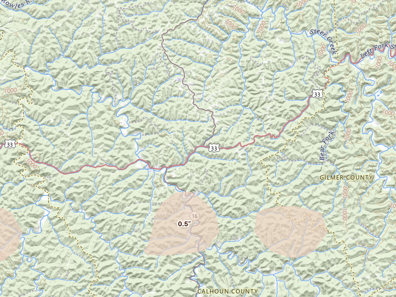 Radar-estimated hail-size map of the storm over Arnoldsburg, WV on Jul 5, 2026