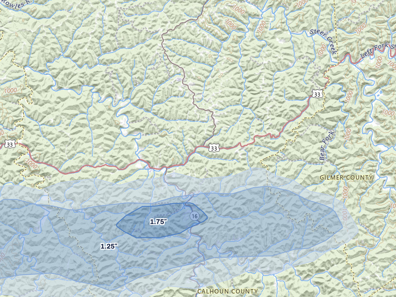 NEXRAD radar-signature map of the hail storm over Arnoldsburg, WV on Jul 5, 2026