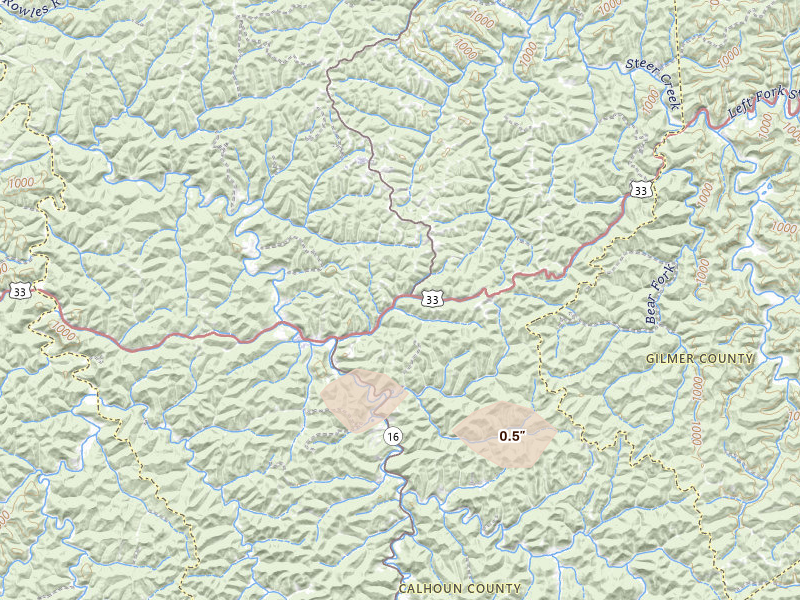 Radar-estimated hail-size map of the storm over Arnoldsburg, WV on Aug 16, 2026