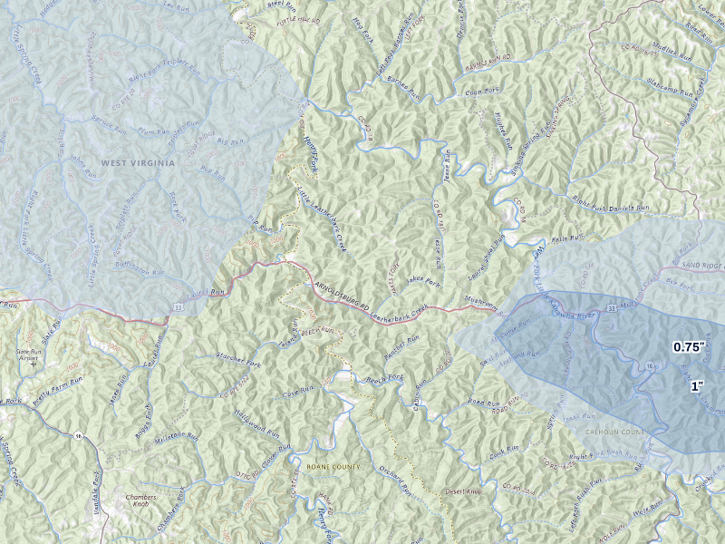 NEXRAD radar-signature map of the hail storm over Arnoldsburg, WV on Aug 16, 2026