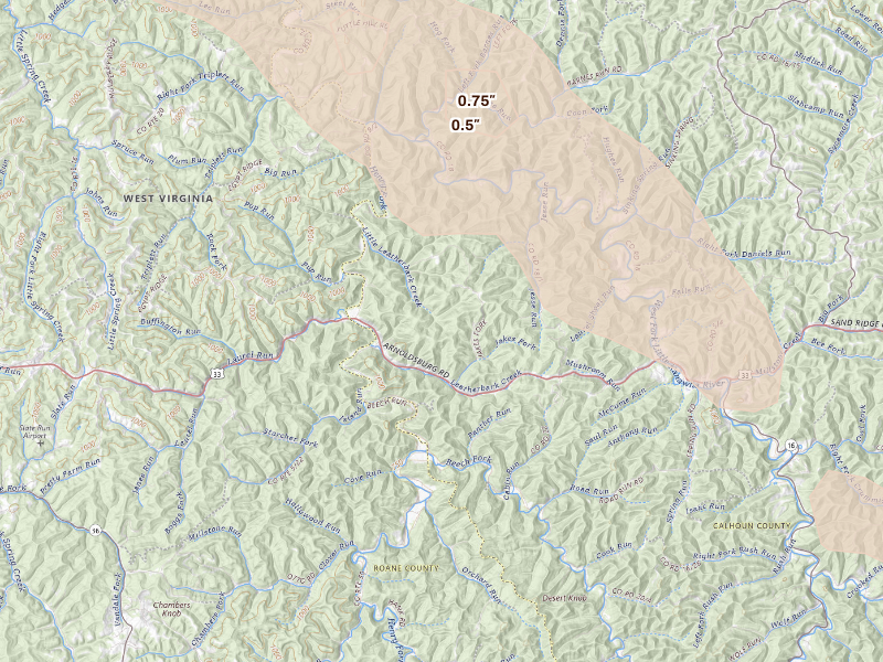 Radar-estimated hail-size map of the storm over Arnoldsburg, WV