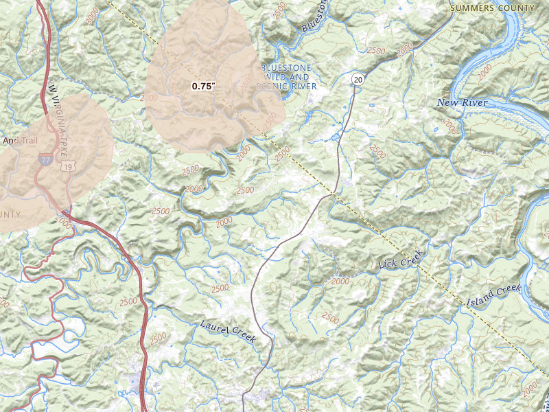 Radar-estimated hail-size map of the storm over Athens, WV on Jul 4, 2026