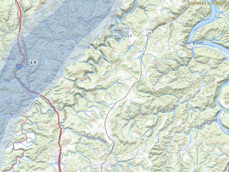 NEXRAD radar-signature map of the hail over Athens, WV