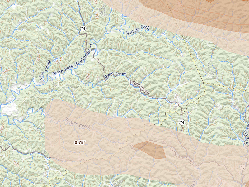 Radar-estimated hail-size map of the storm over Auburn, WV on Jul 21, 2026