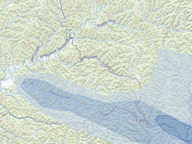 NEXRAD radar-signature map of the hail over Auburn, WV