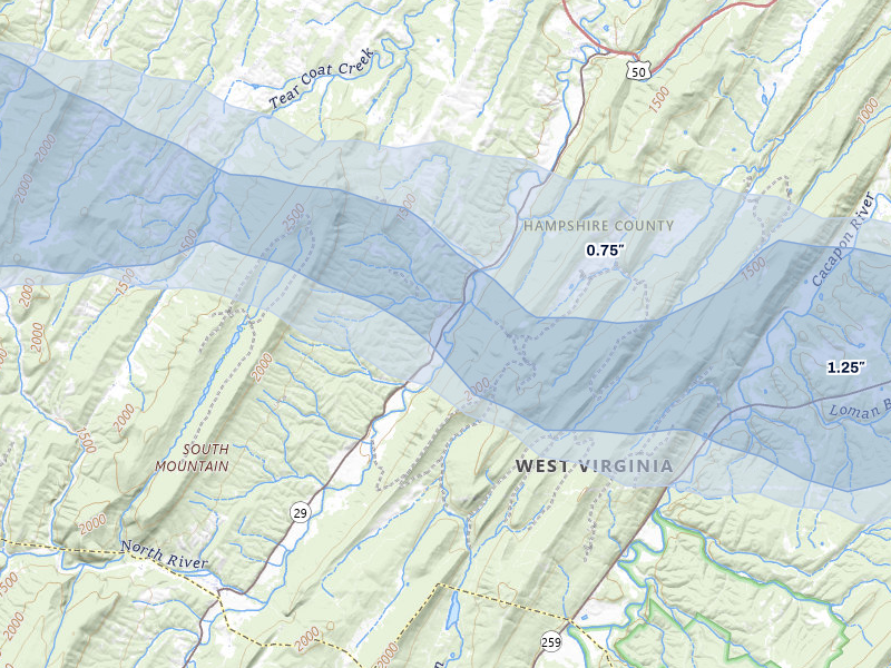 NEXRAD radar-signature map of the hail over Augusta, WV