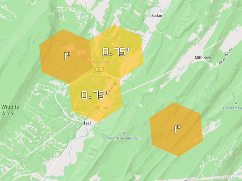 Hail map of Augusta, WV on Jul 21, 2026, hail up to 1"