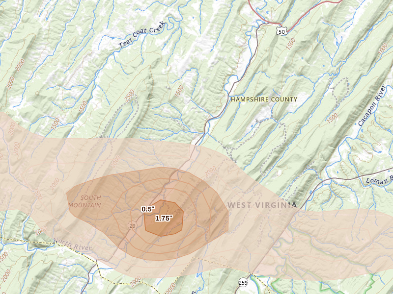 Radar-estimated hail-size map of the storm over Augusta, WV on Aug 22, 2026