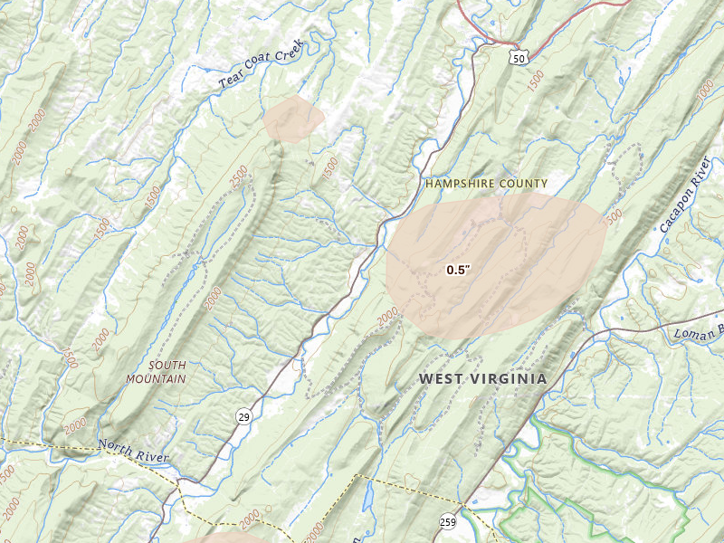 Radar-estimated hail-size map of the storm over Augusta, WV on Aug 27, 2026