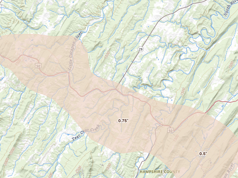 Radar-estimated hail-size map of the storm over Augusta, WV