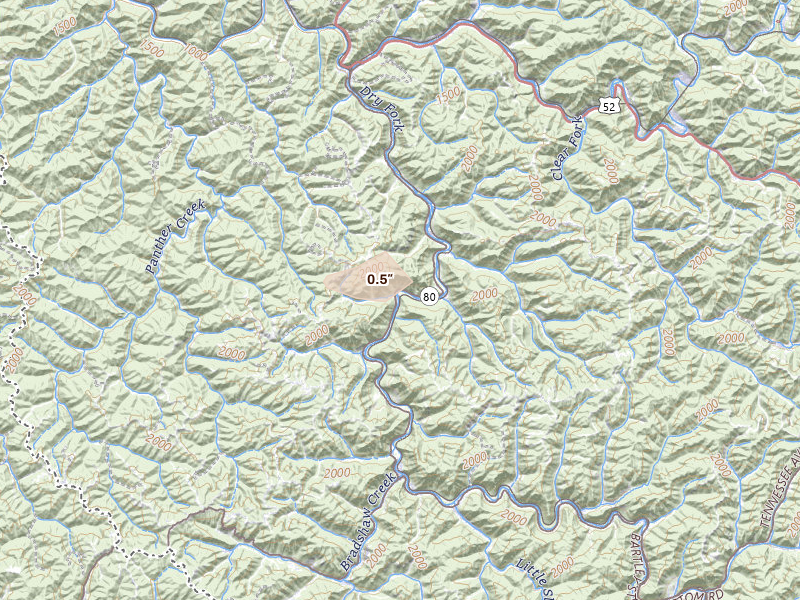 Radar-estimated hail-size map of the storm over Avondale, WV on Aug 22, 2026