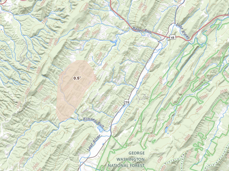 Radar-estimated hail-size map of the storm over Baker, WV on May 18, 2026