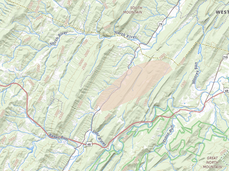 Radar-estimated hail-size map of the storm over Baker, WV on Aug 27, 2026