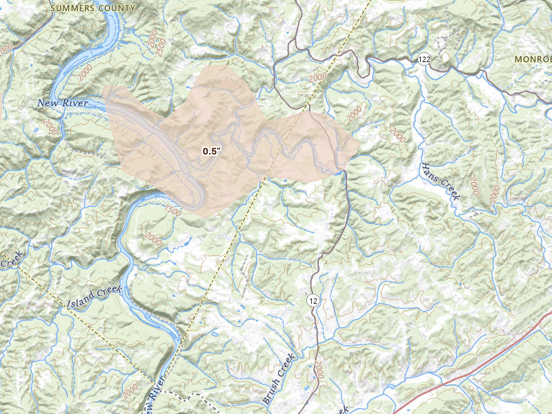 Radar-estimated hail-size map of the storm over Ballard, WV on Apr 1, 2026