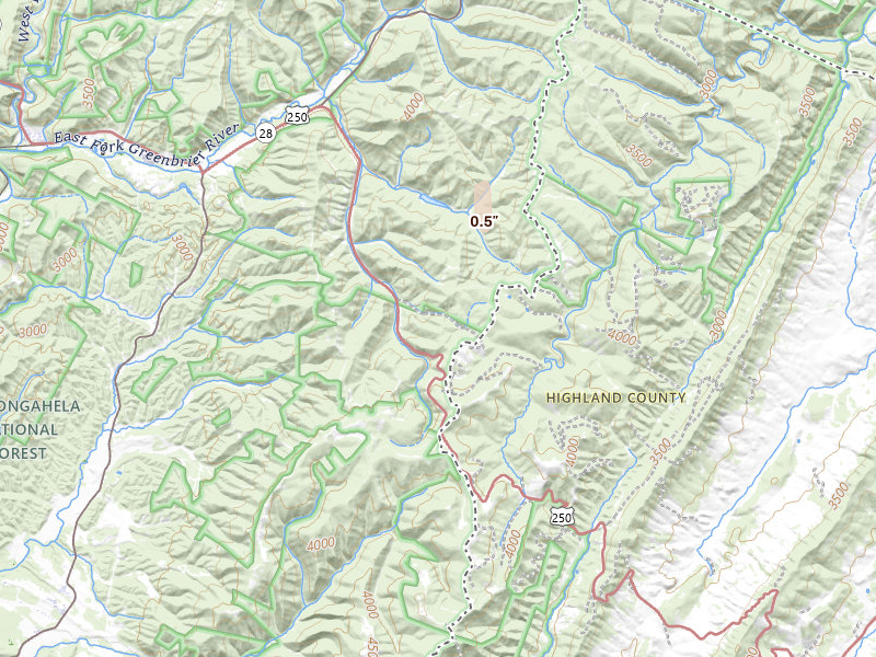 Radar-estimated hail-size map of the storm over Bartow, WV on Jul 4, 2026